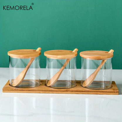 Glass Spice Jar Set with Bamboo Lid - 2/3PCS Round Mouth Seasoning Organizer