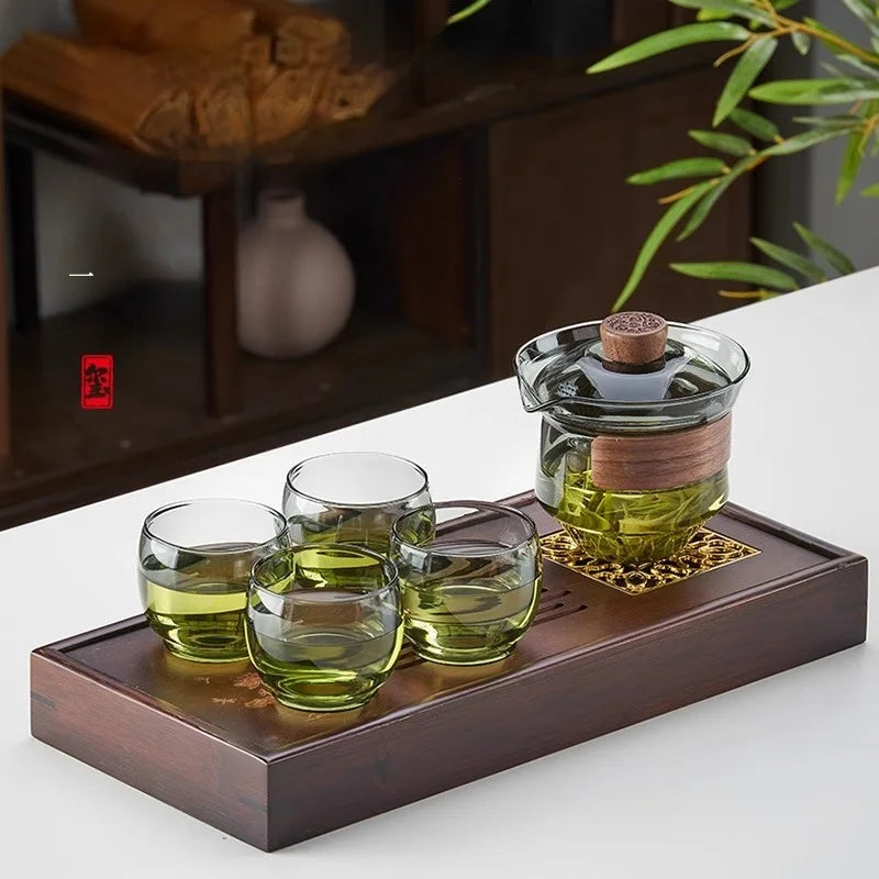 Glass Teapot Set: Chinese Kung Fu Tea Bamboo Tray & Quick Drain Storage