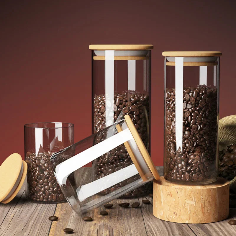 Airtight Glass Coffee Bean Storage Jar with Bamboo Lid for Kitchenpreservation