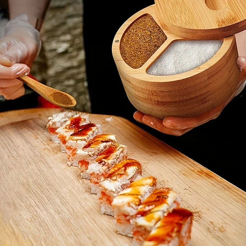 Bamboo Seasoning Box with Spoon - Rotating Cover Spice Container