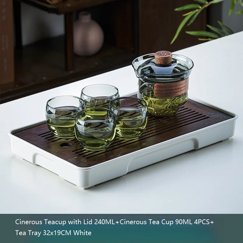 Glass Teapot Set: Chinese Kung Fu Tea Bamboo Tray & Quick Drain Storage