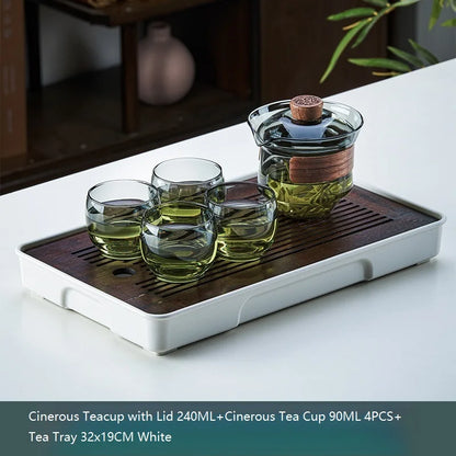 Glass Teapot Set: Chinese Kung Fu Tea Bamboo Tray & Quick Drain Storage