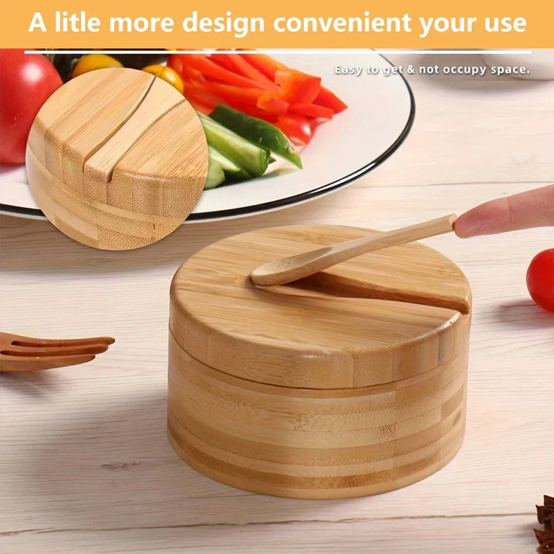 Bamboo Seasoning Box with Spoon - Rotating Cover Spice Container