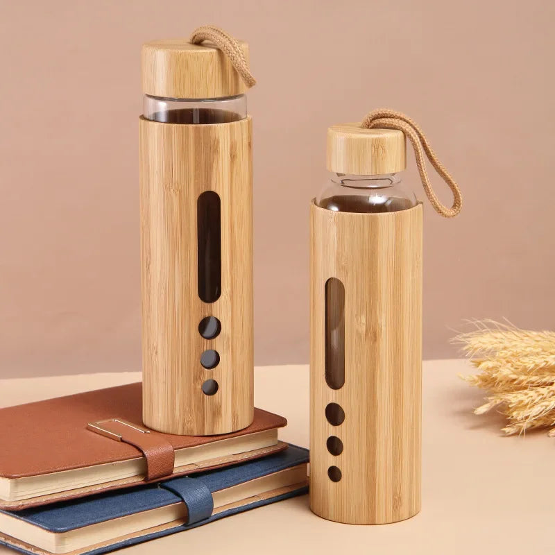Bamboo Shell Glass Water Bottle Gym Drinkware Sports Drinking Bottle