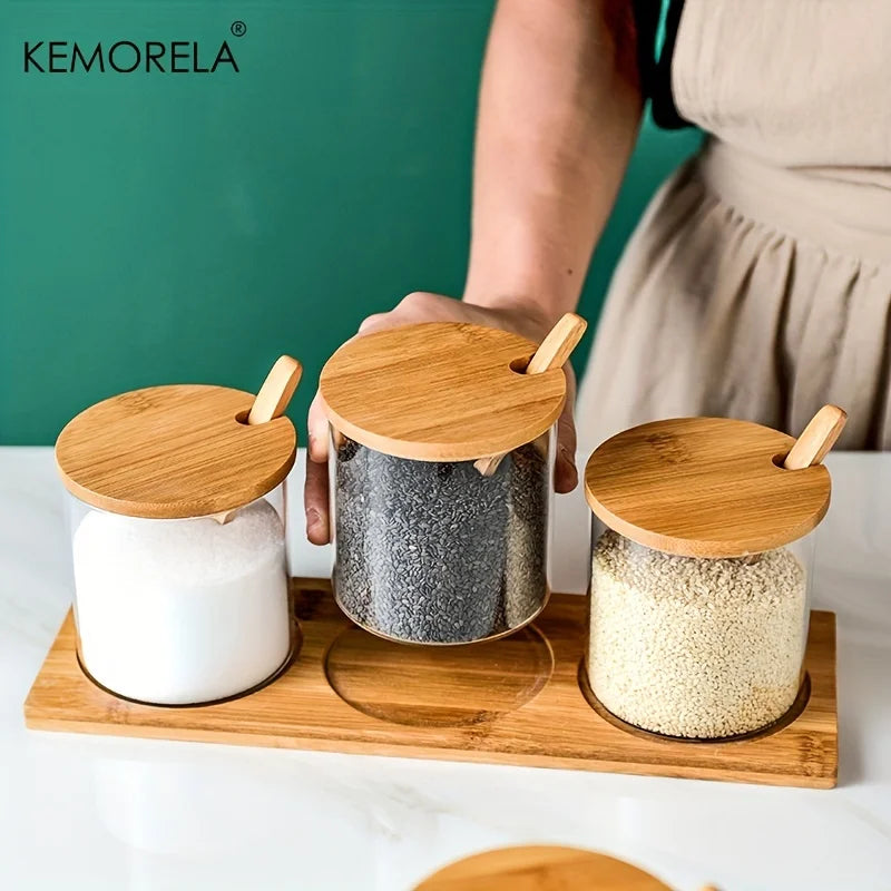 Glass Spice Jar Set with Bamboo Lid - 2/3PCS Round Mouth Seasoning Organizer