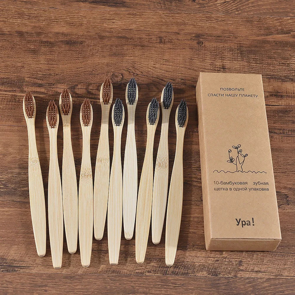 Eco Bamboo Toothbrush 10 Pack – Soft & Charcoal Bristles, Vegan & BPA-Free
