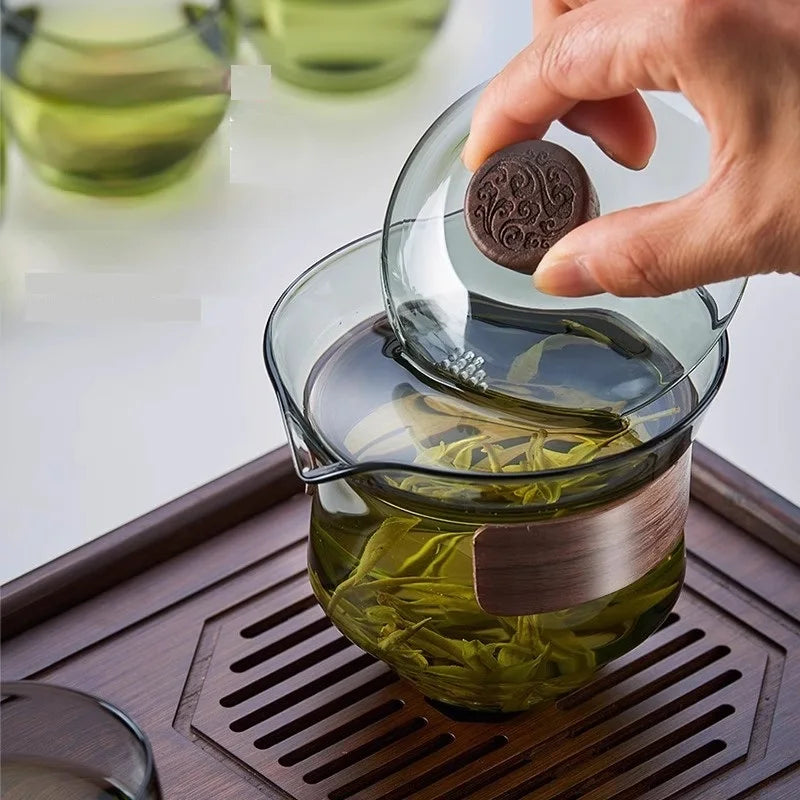Glass Teapot Set: Chinese Kung Fu Tea Bamboo Tray & Quick Drain Storage