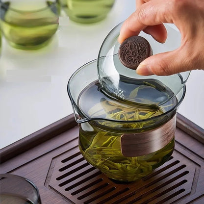 Glass Teapot Set: Chinese Kung Fu Tea Bamboo Tray & Quick Drain Storage