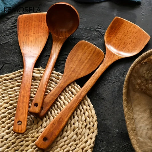 4-Piece Wooden Kitchen Utensil Set | Eco-Friendly Cooking Spoons and Spatula
