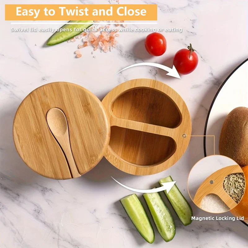 Bamboo Seasoning Box with Spoon - Rotating Cover Spice Container