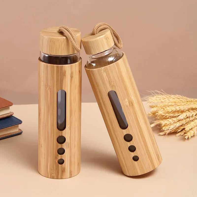 Bamboo Shell Glass Water Bottle Gym Drinkware Sports Drinking Bottle