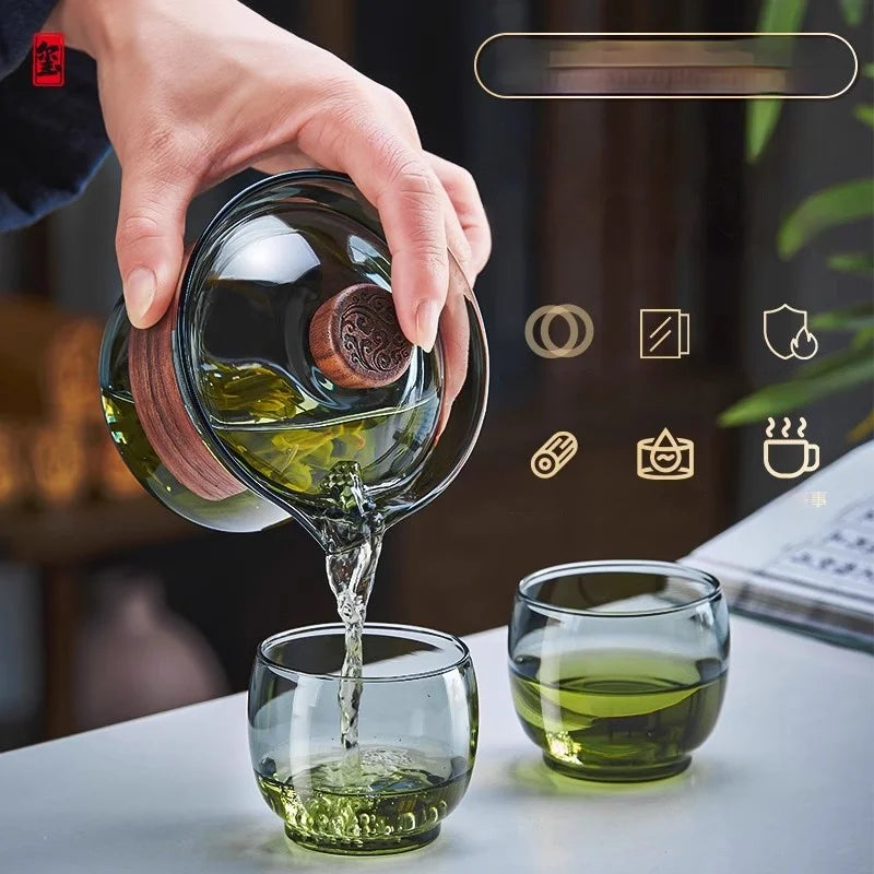 Glass Teapot Set: Chinese Kung Fu Tea Bamboo Tray & Quick Drain Storage