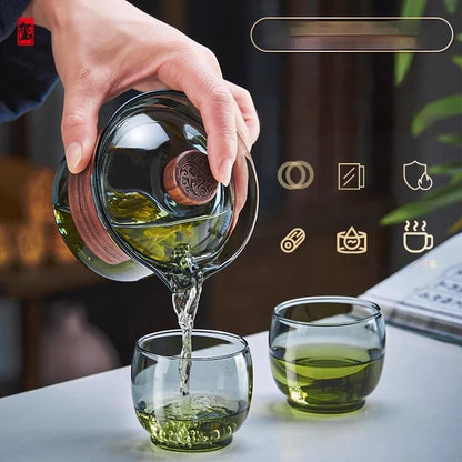 Glass Teapot Set: Chinese Kung Fu Tea Bamboo Tray & Quick Drain Storage