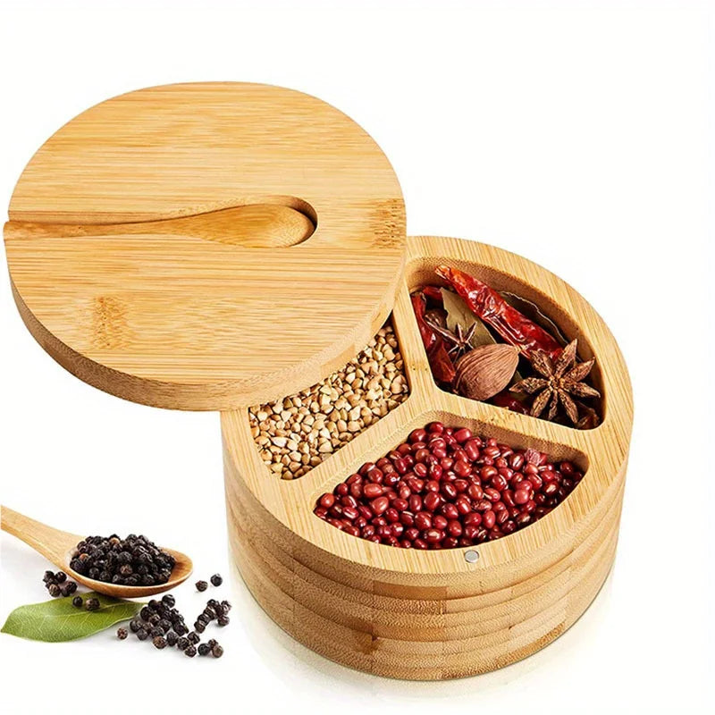 Bamboo Seasoning Box with Spoon - Rotating Cover Spice Container