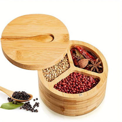 Bamboo Seasoning Box with Spoon - Rotating Cover Spice Container