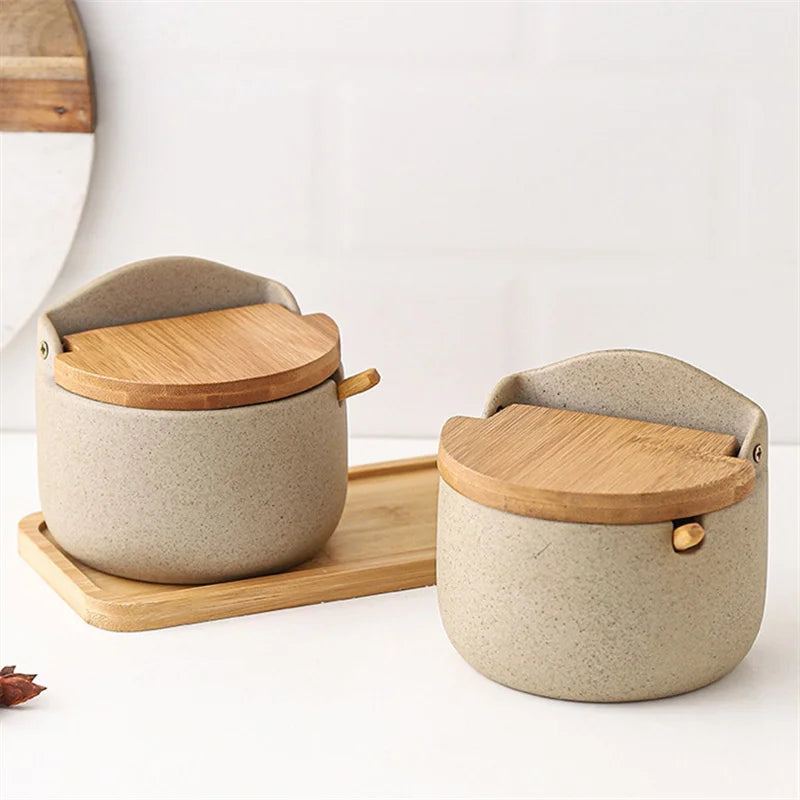 Ceramic Seasoning Jar Set with Bamboo Lid and Spoon