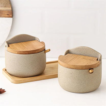 Ceramic Seasoning Jar Set with Bamboo Lid and Spoon