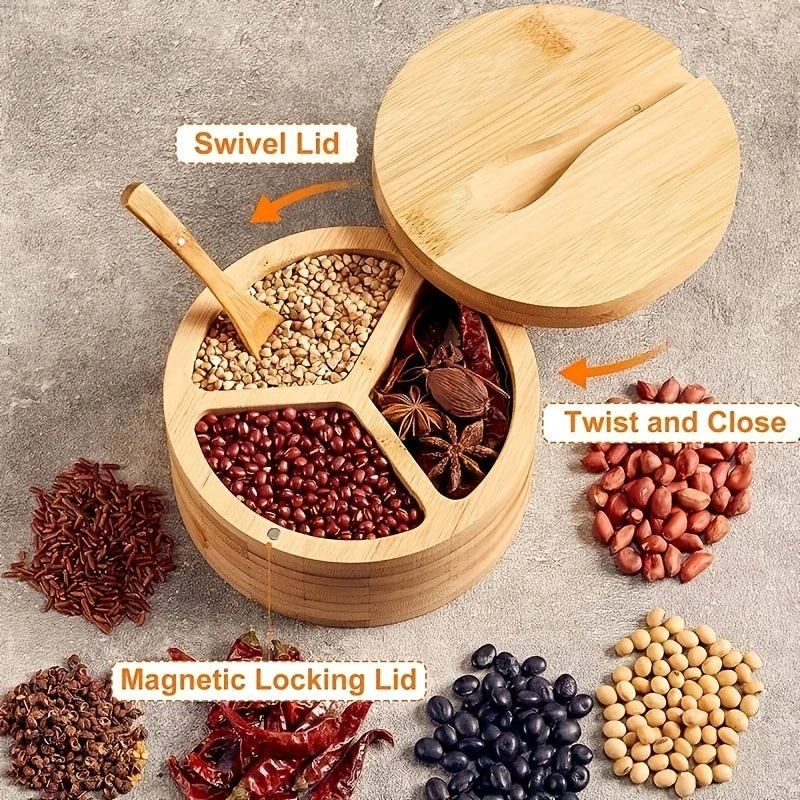 Bamboo Seasoning Box with Spoon - Rotating Cover Spice Container
