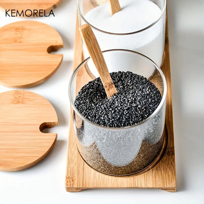 Glass Spice Jar Set with Bamboo Lid - 2/3PCS Round Mouth Seasoning Organizer