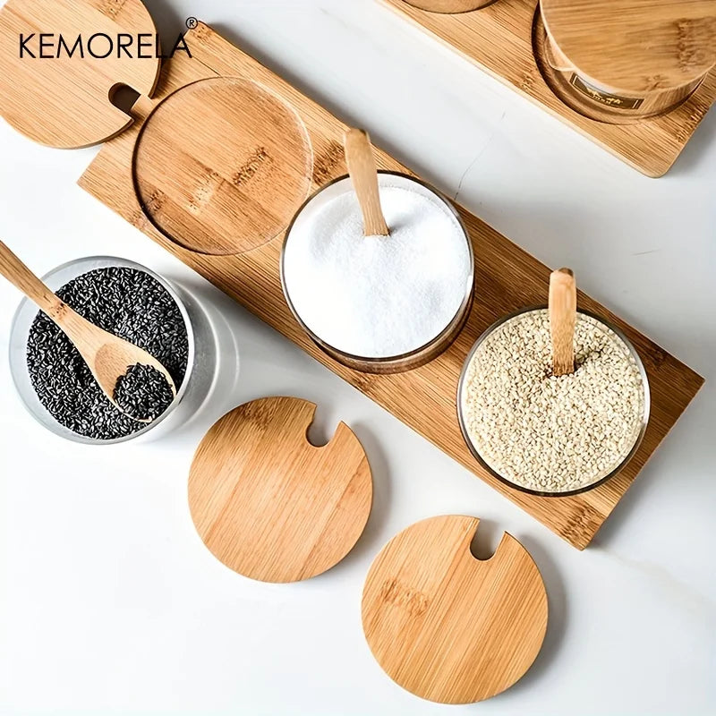 Glass Spice Jar Set with Bamboo Lid - 2/3PCS Round Mouth Seasoning Organizer