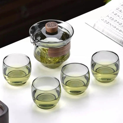 Glass Teapot Set: Chinese Kung Fu Tea Bamboo Tray & Quick Drain Storage