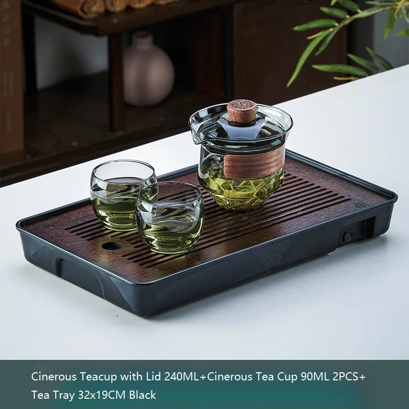 Glass Teapot Set: Chinese Kung Fu Tea Bamboo Tray & Quick Drain Storage