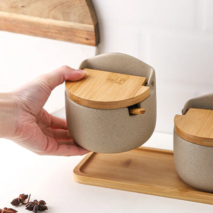 Ceramic Seasoning Jar Set with Bamboo Lid and Spoon
