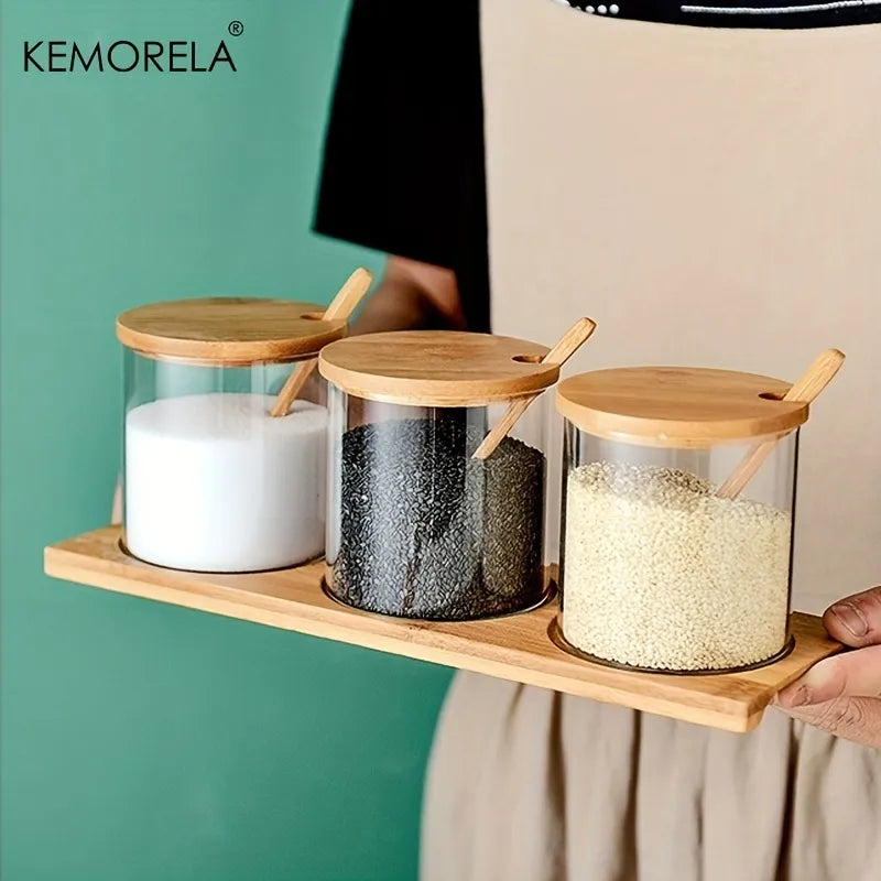 Glass Spice Jar Set with Bamboo Lid - 2/3PCS Round Mouth Seasoning Organizer