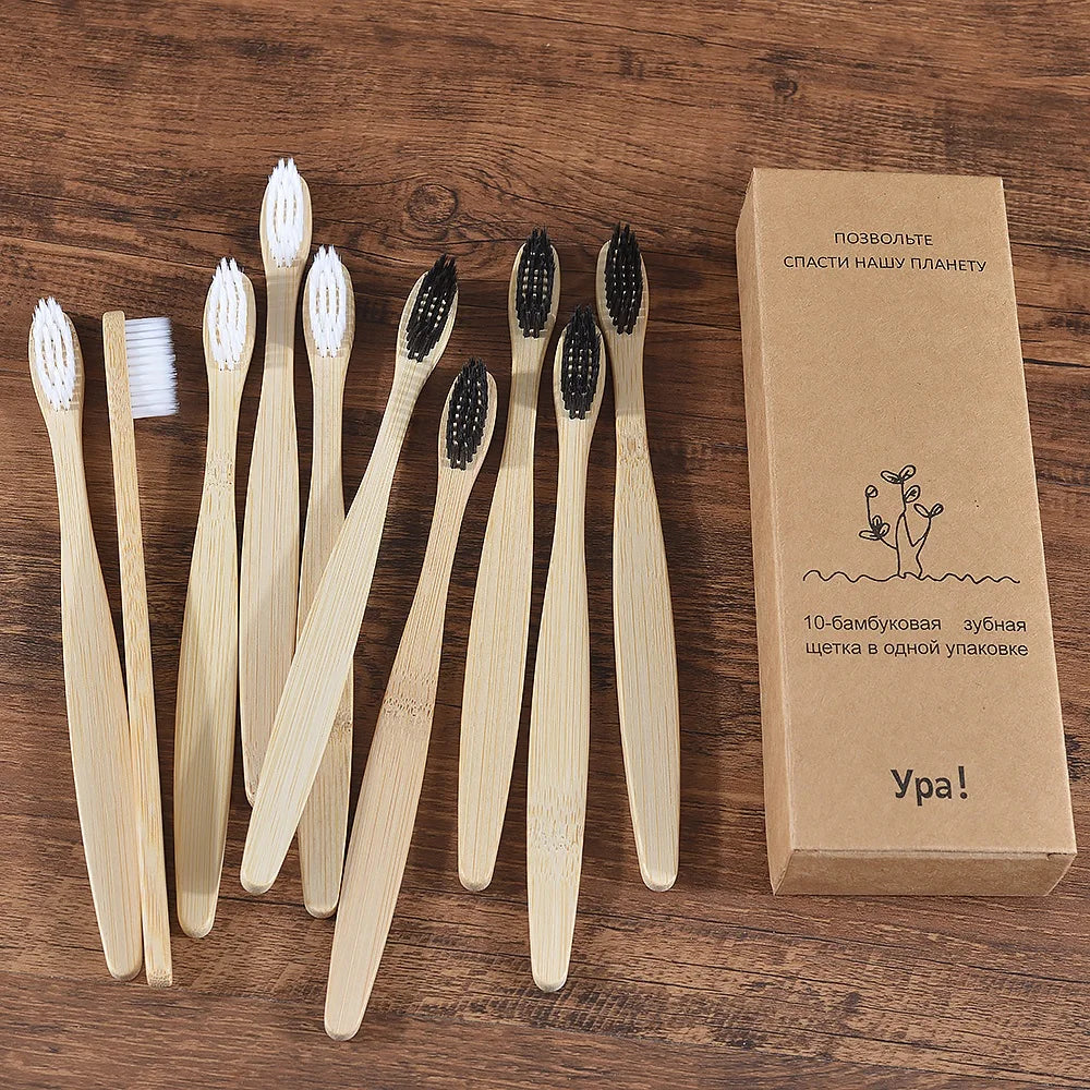 Eco Bamboo Toothbrush 10 Pack – Soft & Charcoal Bristles, Vegan & BPA-Free
