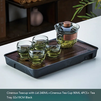 Glass Teapot Set: Chinese Kung Fu Tea Bamboo Tray & Quick Drain Storage