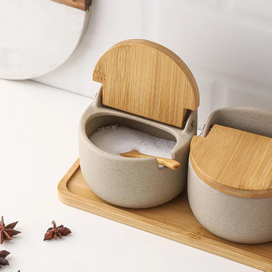 Ceramic Seasoning Jar Set with Bamboo Lid and Spoon