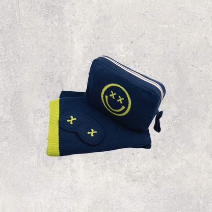 Smiley Cross Eyed Organic Cotton Travel Blanket and Eye Mask Set