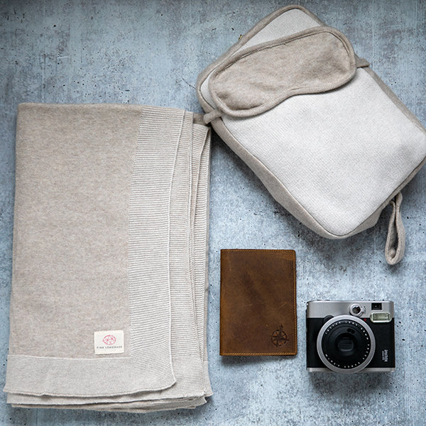 Reversible Solid Organic Cotton Travel Blanket and Eye Mask Set