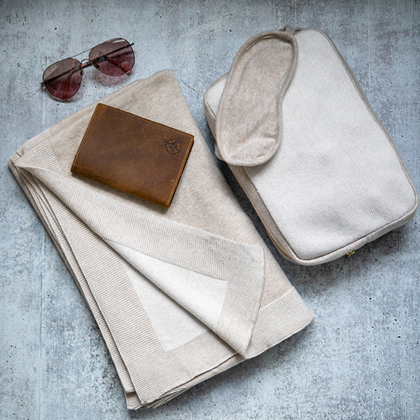 Reversible Solid Organic Cotton Travel Blanket and Eye Mask Set