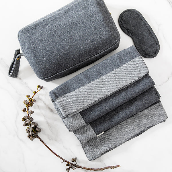Reversible Solid Organic Cotton Travel Blanket and Eye Mask Set