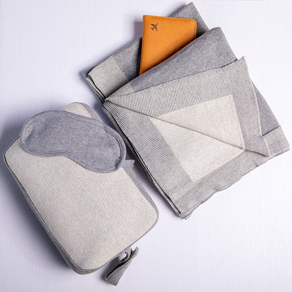 Reversible Solid Organic Cotton Travel Blanket and Eye Mask Set