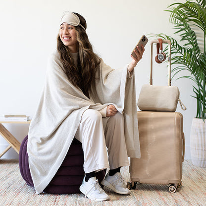 Reversible Solid Organic Cotton Travel Blanket and Eye Mask Set