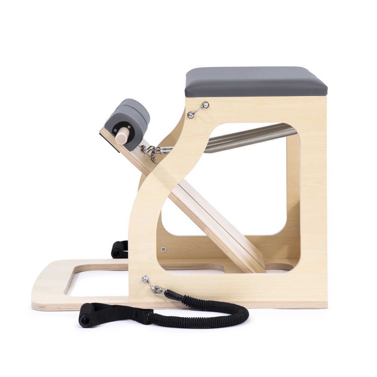 Wooden exercise machine with gray cushion and black strap on a white background