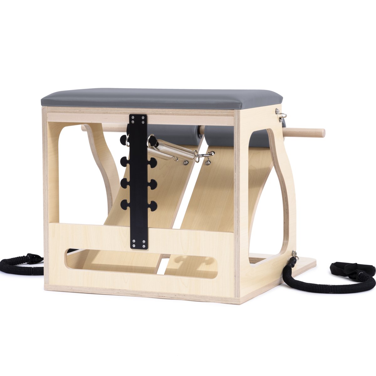 Wooden exercise machine with gray cushion on a white background