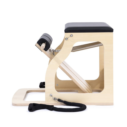 Wooden exercise machine with a black seat on a white background