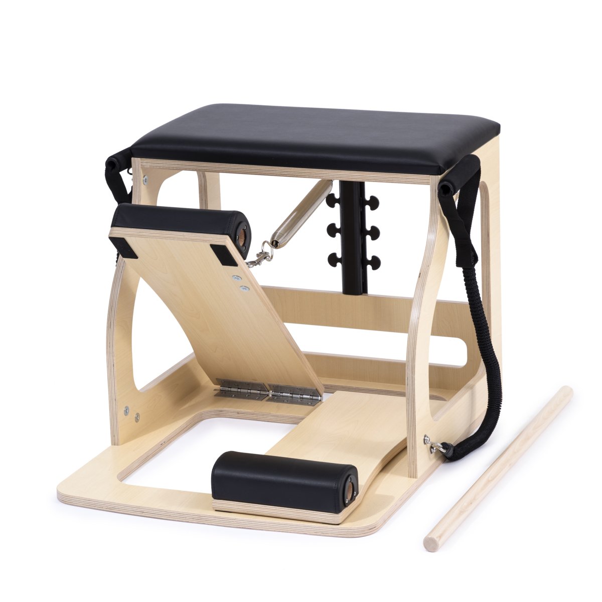 Pilates reformer machine with wooden frame and black cushion on a white background