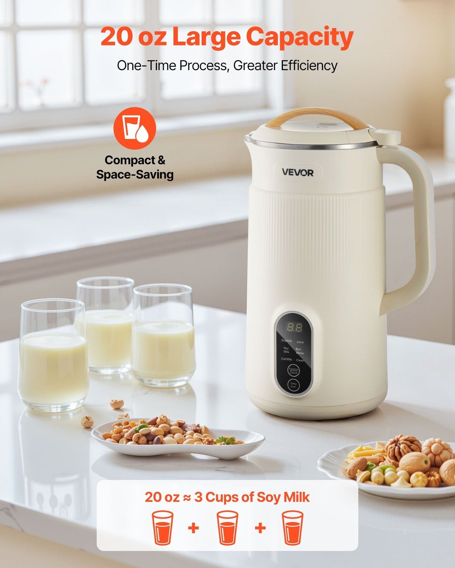 6-in-1 Nut Milk Maker, 20 oz Soy Milk Maker Machine with 6 Blades, for Homemade Oat, Nut, Soy, Juice, Plant-Based and Non Dairy Beverages with High-Temp Self-Cleaning, Boil Water, 12-Hour Delay