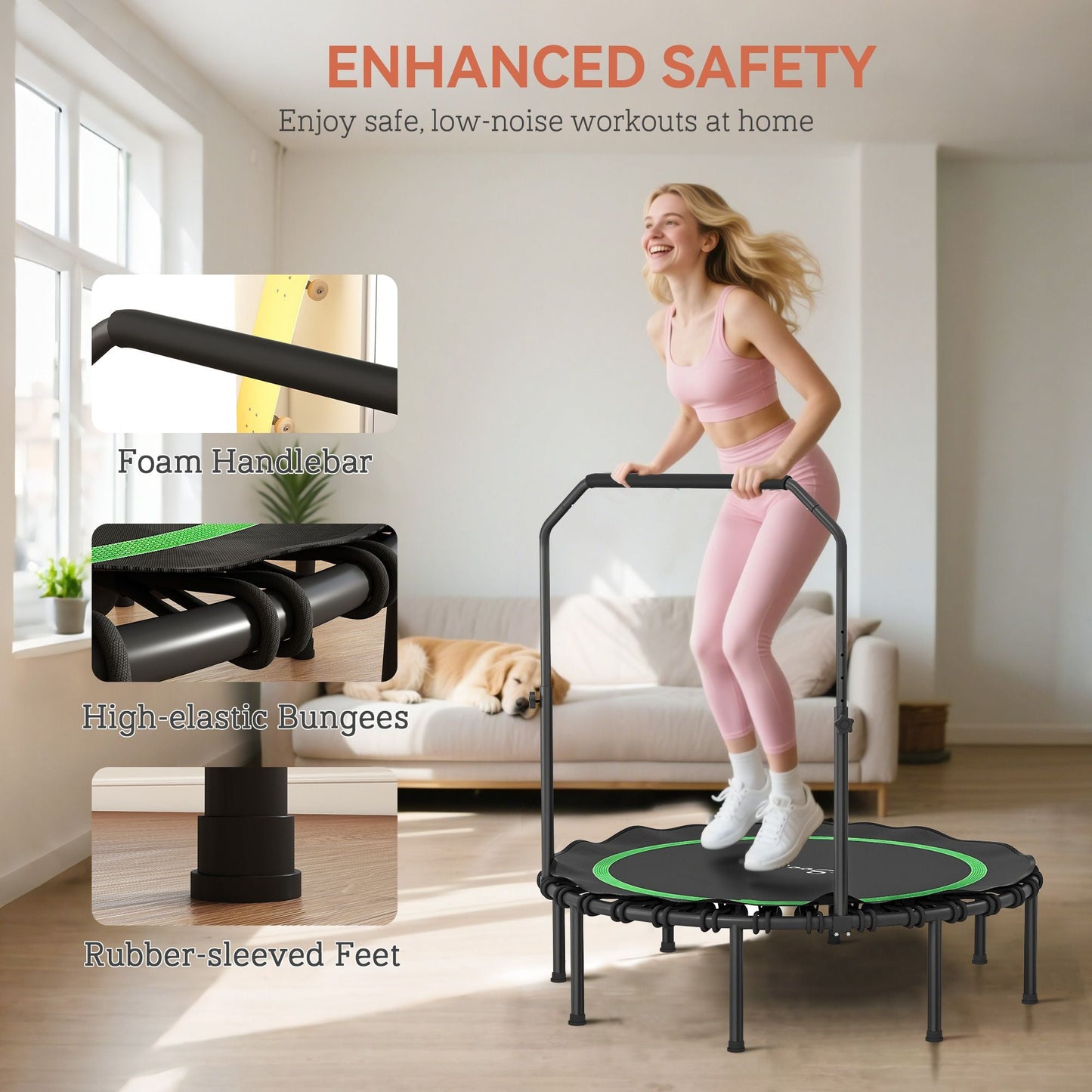 48" Rebounder Trampoline for Adults, Foldable Mini Trampoline with Adjustable Handle Bar for Indoor Outdoor, Green