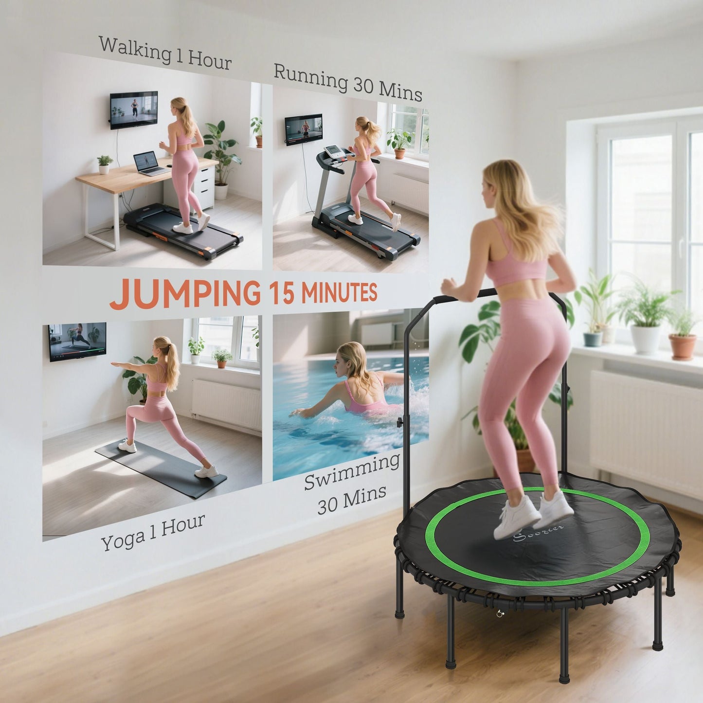 48" Rebounder Trampoline for Adults, Foldable Mini Trampoline with Adjustable Handle Bar for Indoor Outdoor, Green