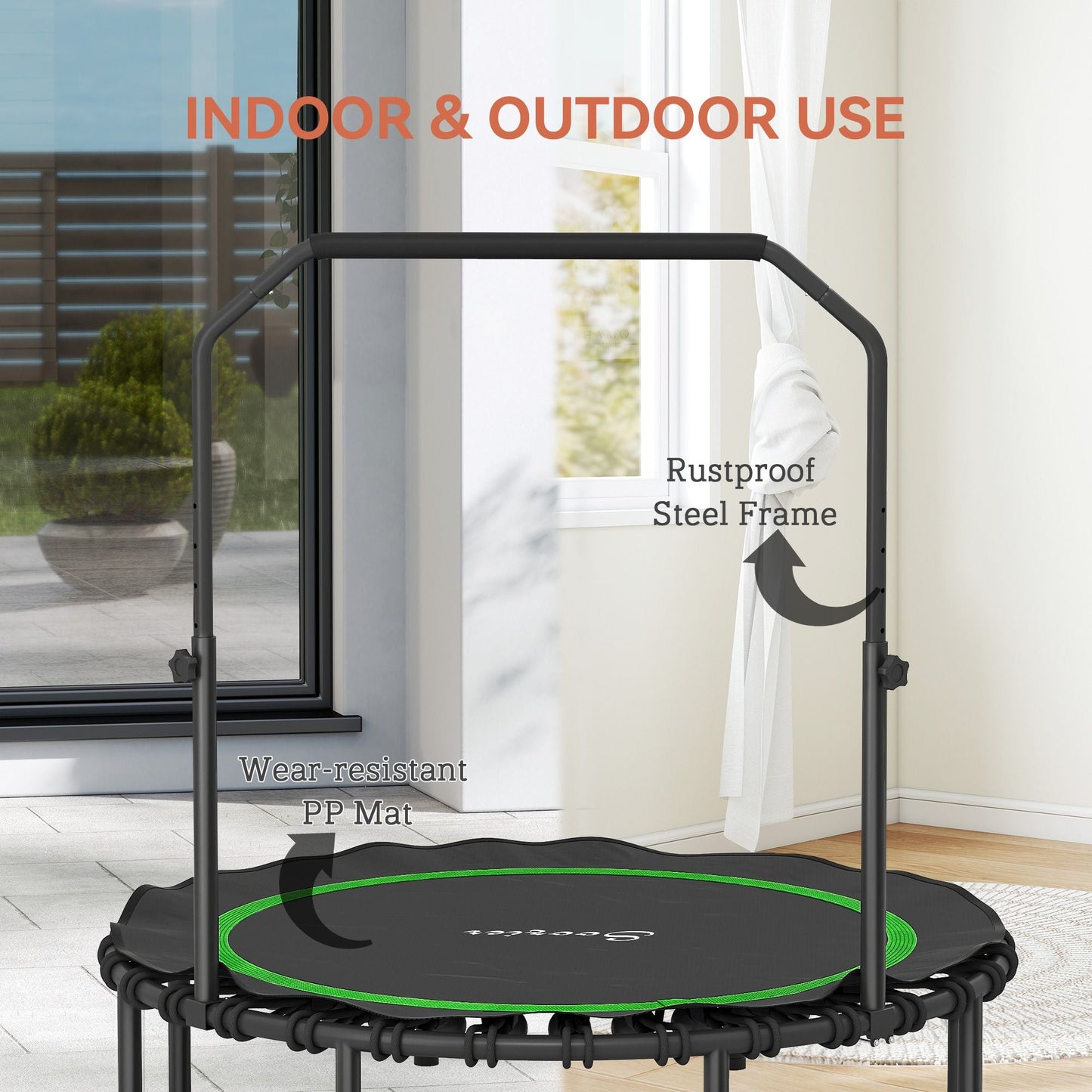 48" Rebounder Trampoline for Adults, Foldable Mini Trampoline with Adjustable Handle Bar for Indoor Outdoor, Green