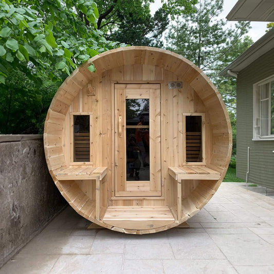 Dundalk Leisurecraft 6-Person Canadian Timber Tranquility Barrel Sauna With Front Porch [CTC2345] (SAK96814)