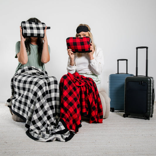 Plaid Organic Cotton Travel Blanket and Eye Mask Set