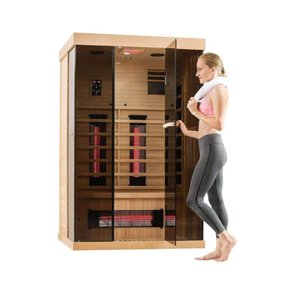 Thermora Luxury 2-Person Low EMF FAR Infrared Heat Wood Home Personal Spa Sauna W/ Panoramic Tempered Glass, 2000W