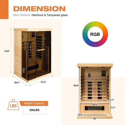 Thermora Luxury 2-Person Low EMF FAR Infrared Heat Wood Home Personal Spa Sauna W/ Panoramic Tempered Glass, 2000W