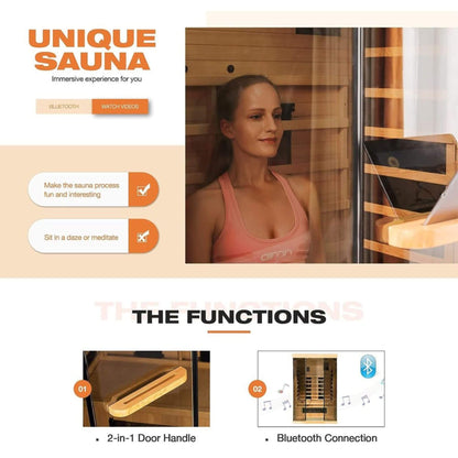 Thermora Luxury 2-Person Low EMF FAR Infrared Heat Wood Home Personal Spa Sauna W/ Panoramic Tempered Glass, 2000W